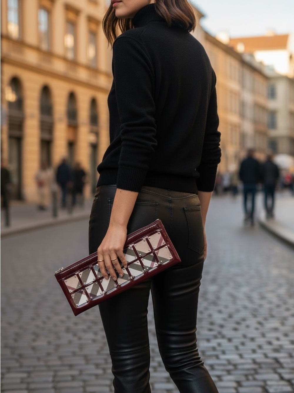 Burberry Oxblood Patent Nova Check Studded Wristlet Clutch Italy